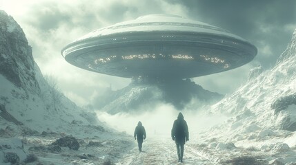 Two people walking in a snowy landscape with a large