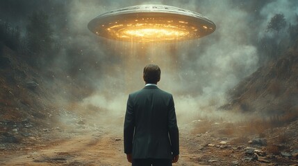 A man in a suit stands in front of a large, glowing, alien-like object