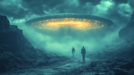 A man and a woman are walking through a desolate landscape, with a large