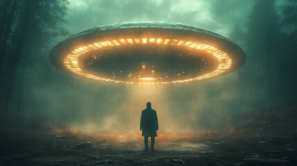 A man stands in front of a large, glowing, alien-like object