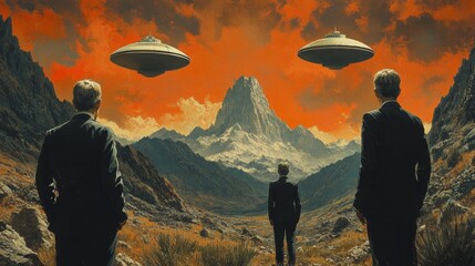 Three men are walking in a desert with two large, alien-like objects in the sky