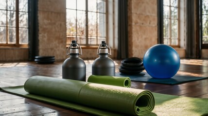 Sala de Yoga con Luz Natural Mat, Pelota y Más