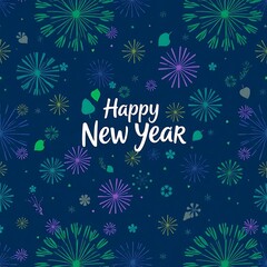 Happy New Year Fireworks Celebration: A vibrant and festive pattern of colorful fireworks explodes across a midnight blue background, creating a celebratory atmosphere for the new year.