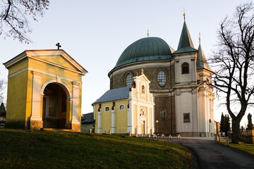 View of the basilica from the driveway at sunset. Hostyn. Czech Republic.