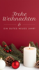 Frohe Weihnachten und ein gutes neues Jahr. "Frohe Weihnachten" German text lettering design on christmas background banner card with candle, ornaments, and baubles