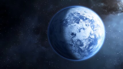Obraz premium A Stunning Visualization of a Blue Planet in Deep Space Surrounded by Stars and Cosmic Dust, Capturing the Essence of the Universe and Its Vastness
