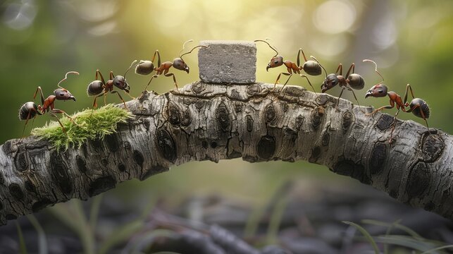 Collaborative ant team transporting cement brick  a symbol of unity and teamwork in nature