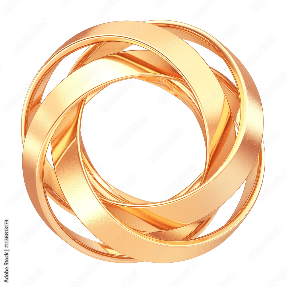 Poster metallic, intertwined circular shape with golden hue, isolated on transparency background