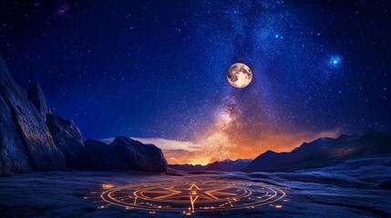 Astrological zodiac signs inside of horoscope circle. Astrology, knowledge of stars in the sky over the milky way and moon. The power of the universe concept.