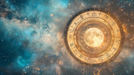 Astrological zodiac signs inside of horoscope circle. Astrology, knowledge of stars in the sky over the milky way and moon. The power of the universe concept.