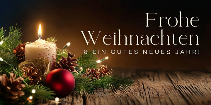 Frohe Weihnachten und ein gutes neues Jahr. "Frohe Weihnachten" German text lettering design on christmas background banner card with candle, ornaments, and baubles