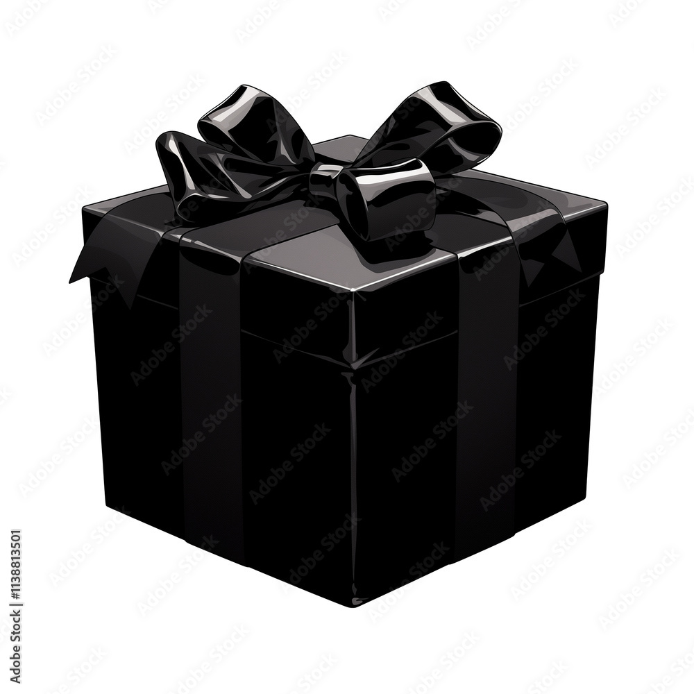 Poster sleek black gift box with shiny ribbon isolated on transparency background