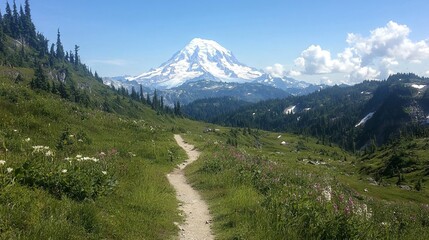 Fototapeta premium Scenic mountain landscape with a clear path and blooming wildflowers.