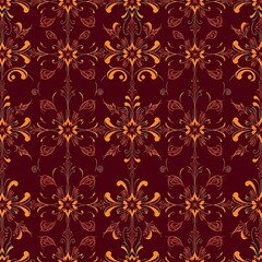 Fototapeta premium Burgundy Floral Damask Pattern: This intricate damask pattern features a rich burgundy background with a delicate, repeating motif of golden floral designs.