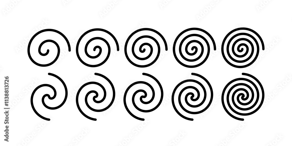 Poster spiral circle linear icons. vector swirl logo shape. hypnotic psychedelic simple symbol. abstract bl