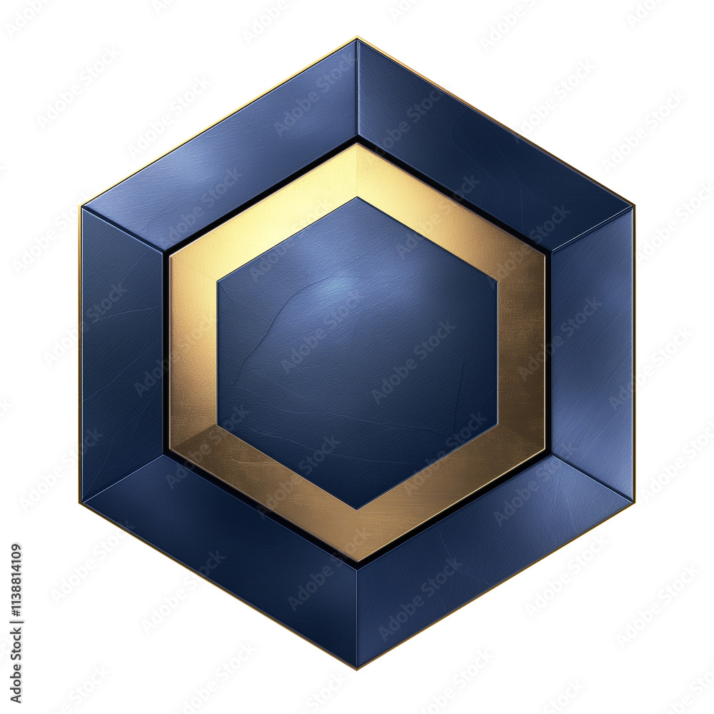Poster metallic blue and gold hexagon with sleek design on transparency background