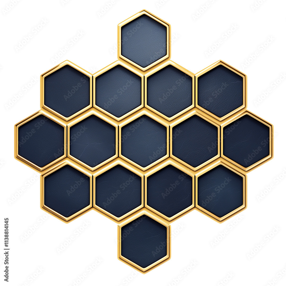 Poster Metallic blue and gold hexagon pattern isolated on transparency background