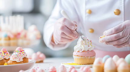 Baking joy unfolds as a baker skillfully pipes frosting onto a cupcake, adding colorful sprinkles and toppings
