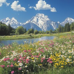 Scenic mountain landscape with vibrant wildflowers and serene water.