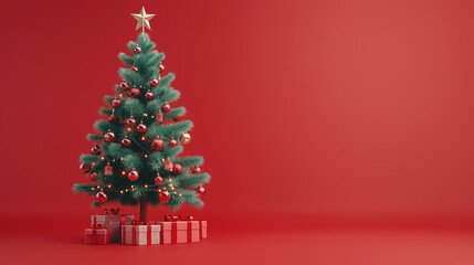 Obraz premium Christmas Tree with Decorations and Gift Box on Isolated Light Red Background
