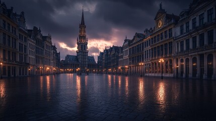 Fototapeta premium Brussels, Belgium at Grand Place with the Town Hall tower at blue hour.