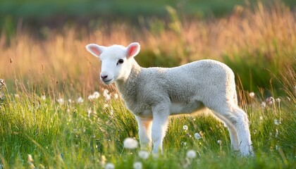 A lamb or kid in a meadow, surrounded by tall grass and flowers.