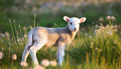 A lamb or kid in a meadow, surrounded by tall grass and flowers.