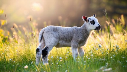 A lamb or kid in a meadow, surrounded by tall grass and flowers.