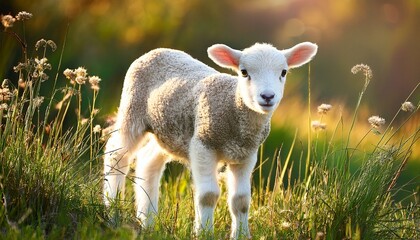 A lamb or kid in a meadow, surrounded by tall grass and flowers.
