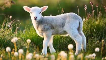 A lamb or kid in a meadow, surrounded by tall grass and flowers.
