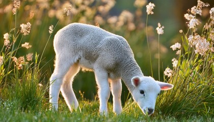 A lamb or kid in a meadow, surrounded by tall grass and flowers.