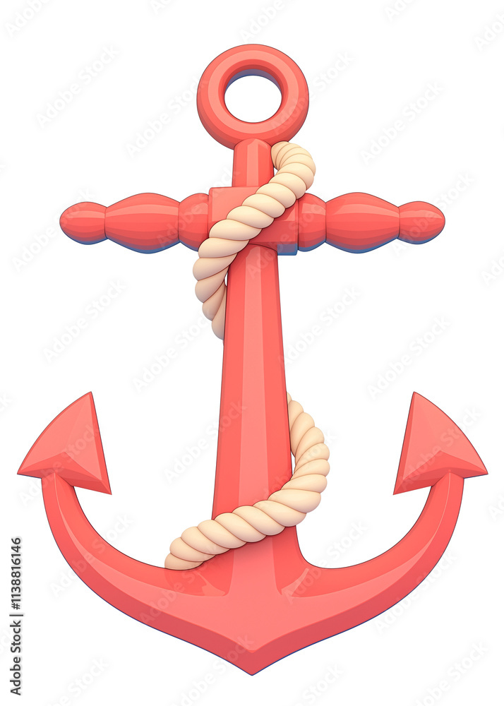 Poster 3d cartoon anchor icon with rope wrapped around it, isolated on transparency background