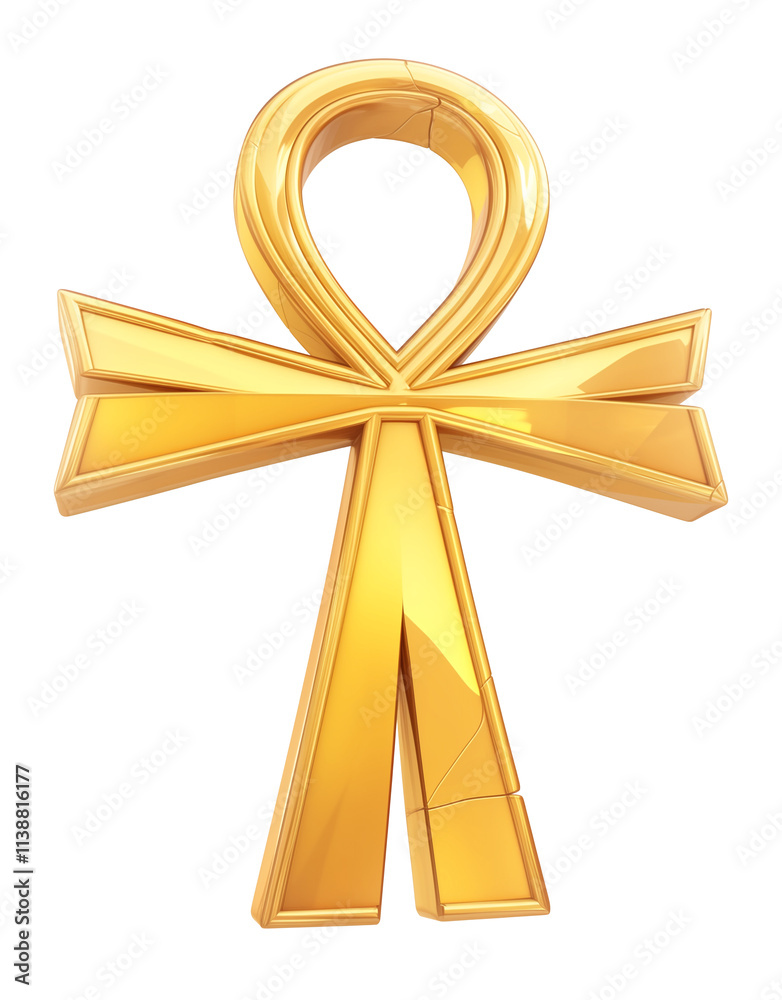 Poster golden 3d ankh icon with flat view, isolated on transparency background