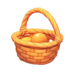 3D cartoon basket icon with oranges, flat view, isolated on white