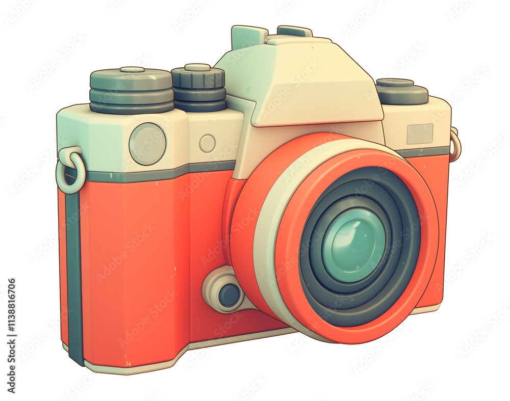 Poster 3d cartoon camera icon with flat view, isolated on transparency background
