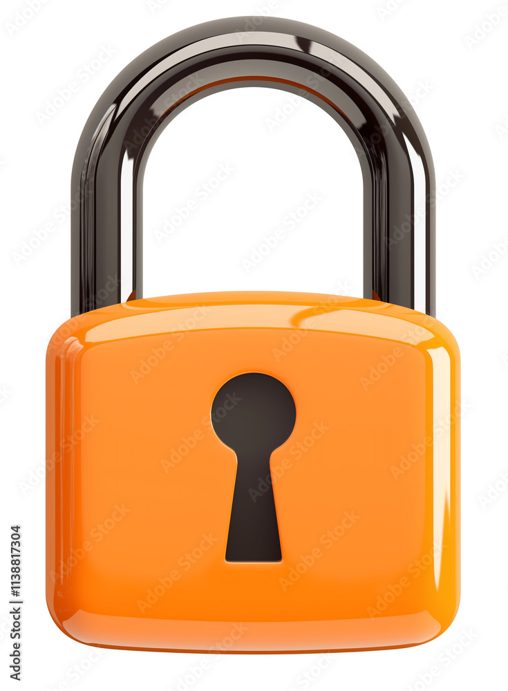 Poster shiny orange padlock with keyhole, isolated on transparency background
