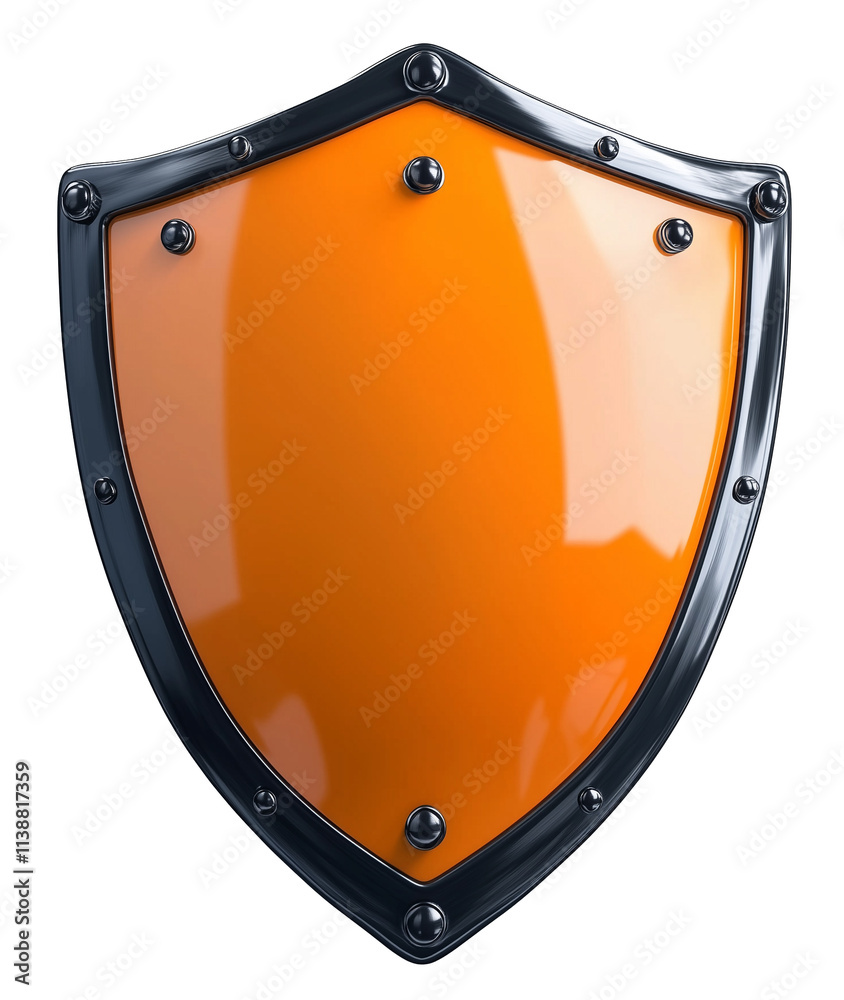Poster shiny orange shield with metallic border, isolated on transparency background