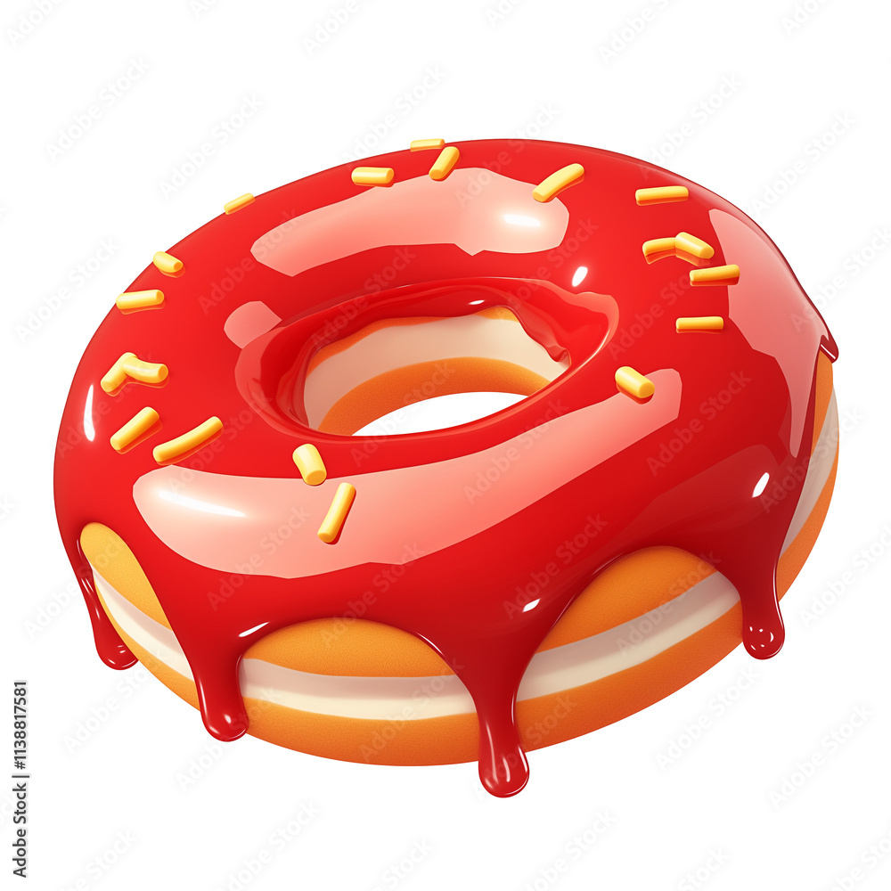 Poster vibrant 3d cartoon donut with red glaze and yellow sprinkles on transparency background
