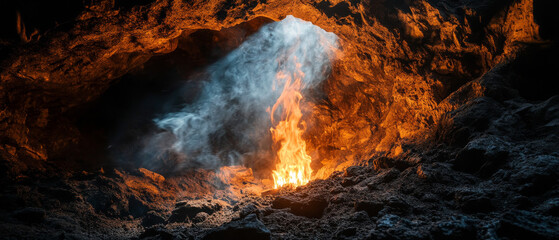Cave Fire, Smoke, Dramatic Lighting, Volcanic Rock, Inferno