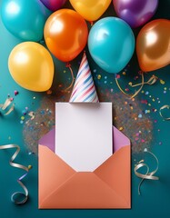 Colorful balloons & confetti surround a blank card in a festive envelope. Perfect for birthday wishes!