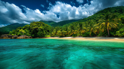 Obraz premium Tropical Island Paradise: Lush Rainforest, Turquoise Waters, White Sand Beach