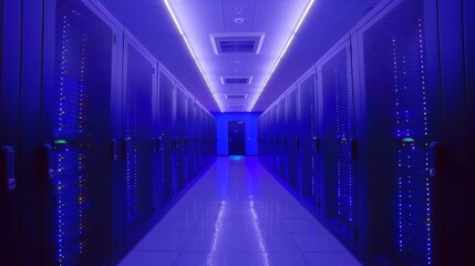 Futuristic server room bathed in blue light featuring rows of active data storage systems