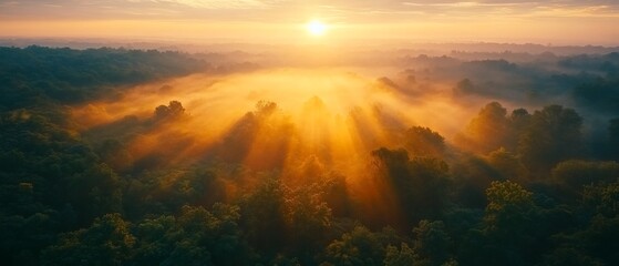 Fototapeta premium Aerial view of sunrise over misty forest. (1)