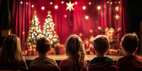Cheerful children in red Santa hats enjoying Christmas performance.