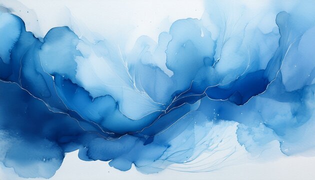 Abstract blue ink painting. Swirling colors and textures create a dreamy, calming atmosphere.