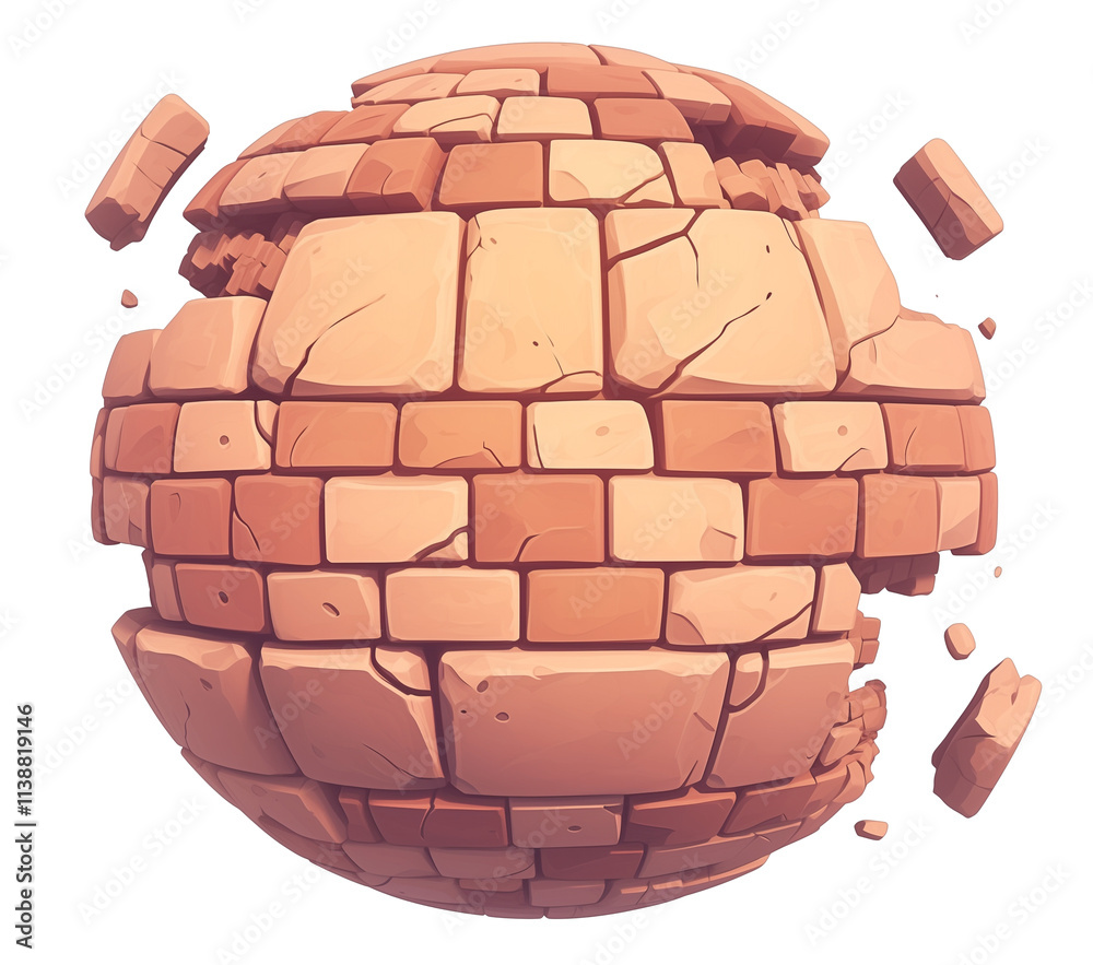 Poster 3d cartoon sphere made of bricks, isolated on transparency background