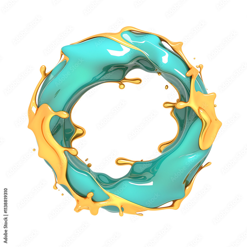 Poster Fluid holographic loop in turquoise and gold, creating dynamic 3D cartoon effect