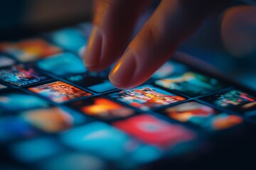 Fototapeta premium Close-up of finger scrolling through colorful app icons on a smartphone screen.