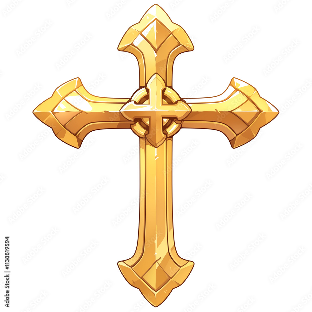 Poster 3d cartoon golden cross icon with intricate details, isolated on transparency background