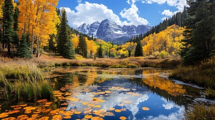 Autumnal Mountain Pond Reflection. Colorful Fall Foliage, Majestic Peaks.
